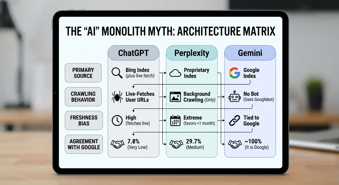 Comparison chart showing how ChatGPT, Perplexity, and Gemini retrieve information differently