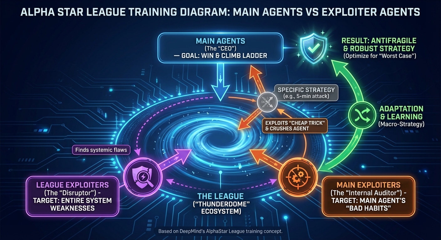 Diagram showing Main Agents vs Exploiter Agents in AlphaStar League training