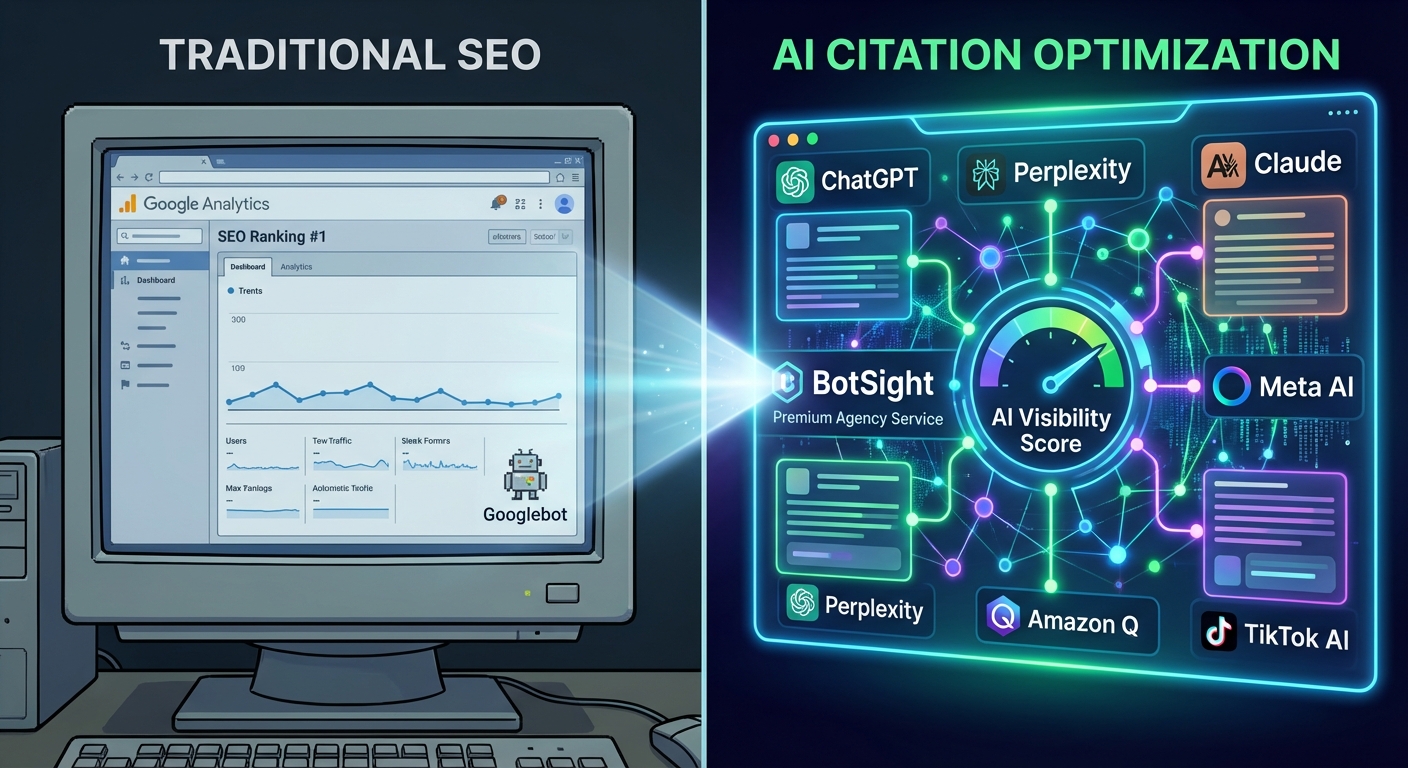 BotSight dashboard showing real-time AI bot traffic and citation potential