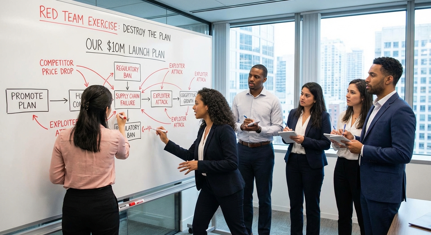 Business team running a red team exercise on a whiteboard