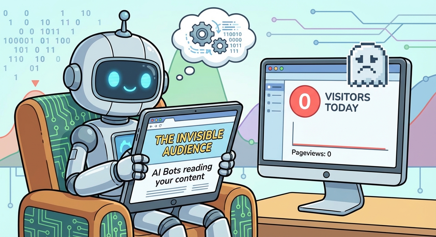 A cartoon robot reading a website while the analytics dashboard shows zero visitors