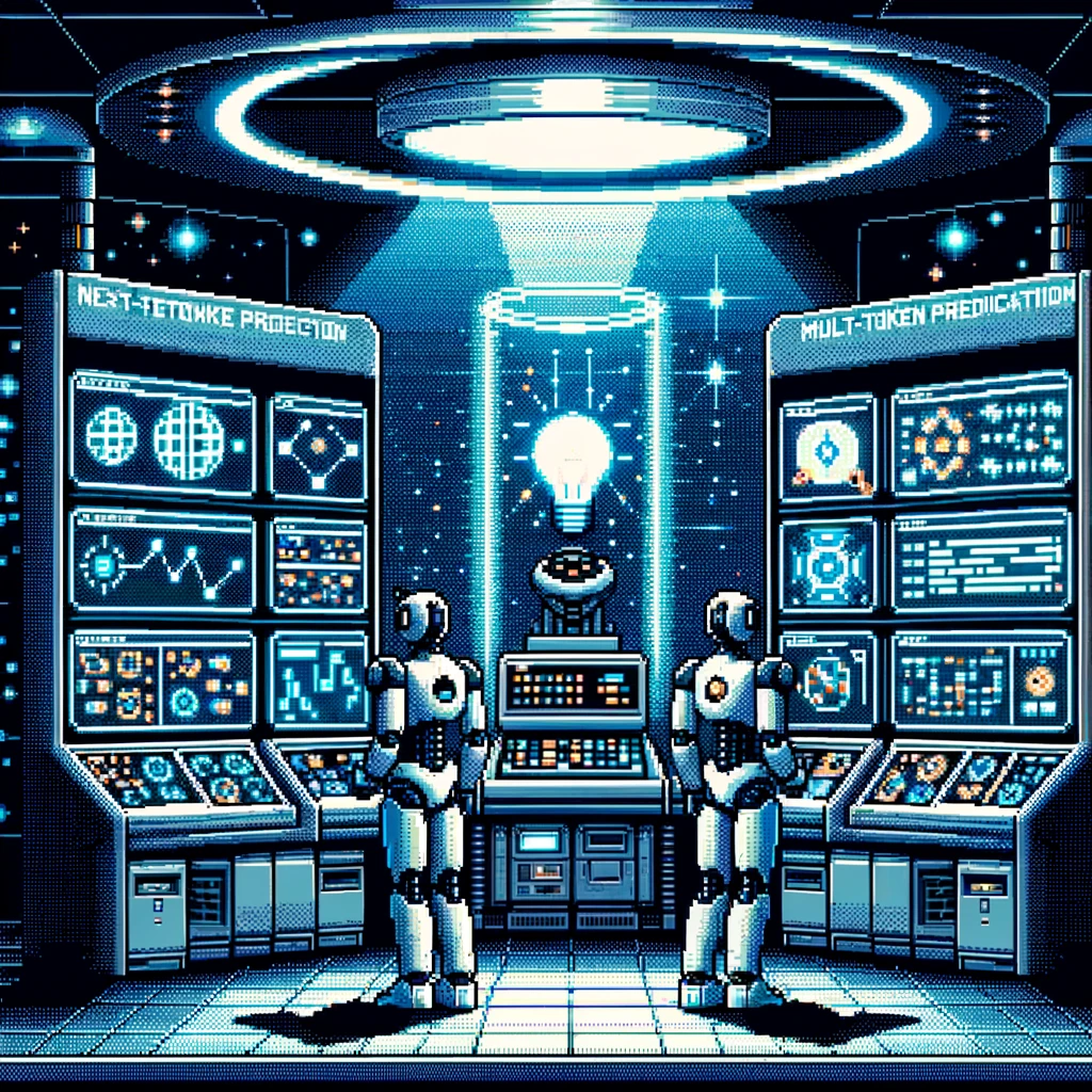 Dall·e 2024 05 10 11.35.01 An Image In A Late 90's Pixelated Video Game Style Depicting A Futuristic Technology Scene. The Image Features Two Ai Characters, One A Traditional Ai