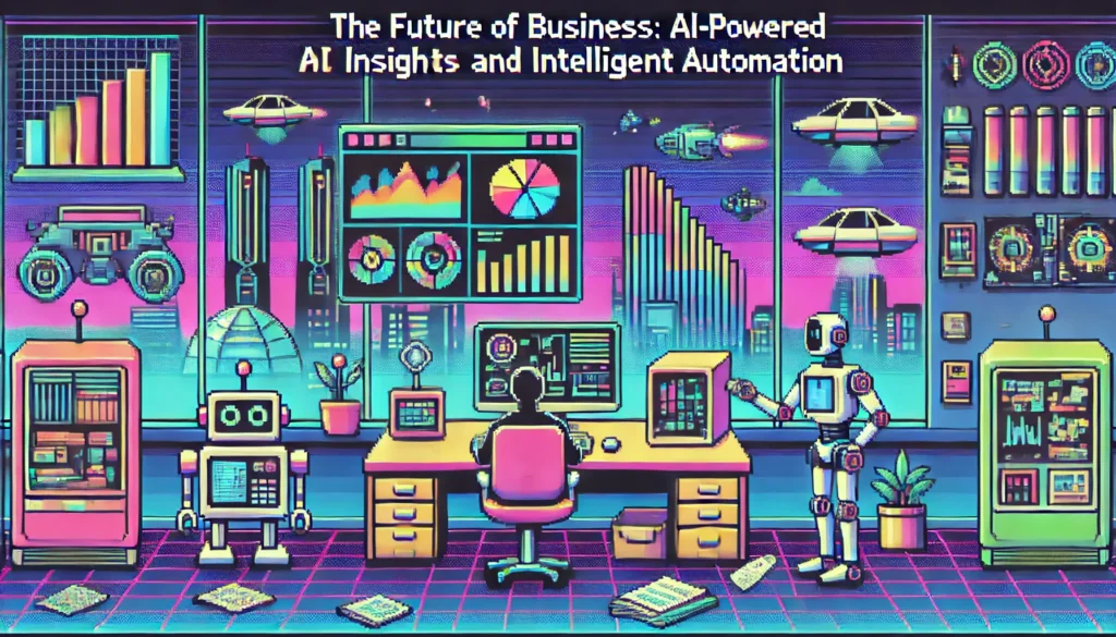 Dall·e 2024 06 26 09.16.06 A 90's Pixelated Video Game Style Image Depicting The Concept 'the Future Of Business Ai Powered Insights And Intelligent Automation.' The Scene Feat